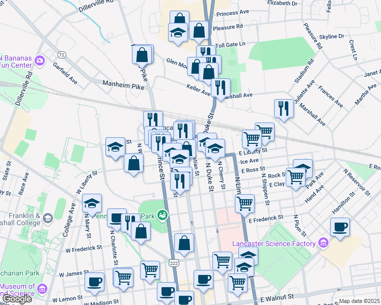 map of restaurants, bars, coffee shops, grocery stores, and more near 18 McGovern Avenue in Lancaster