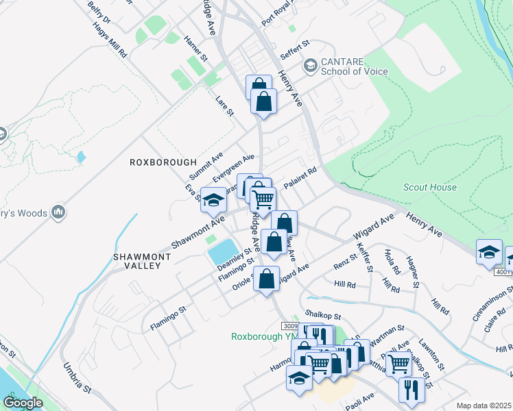 map of restaurants, bars, coffee shops, grocery stores, and more near Ridge Ave & Shawmont Ave in Philadelphia