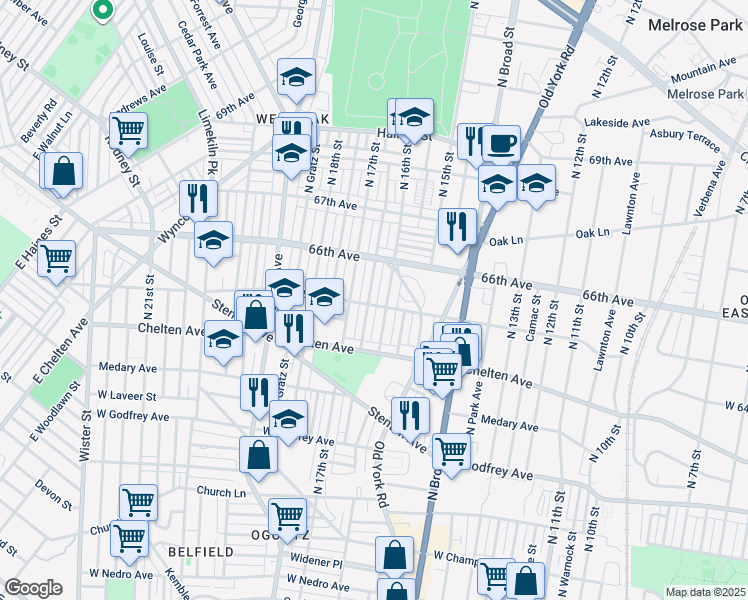map of restaurants, bars, coffee shops, grocery stores, and more near 6503 North Smedley Street in Philadelphia