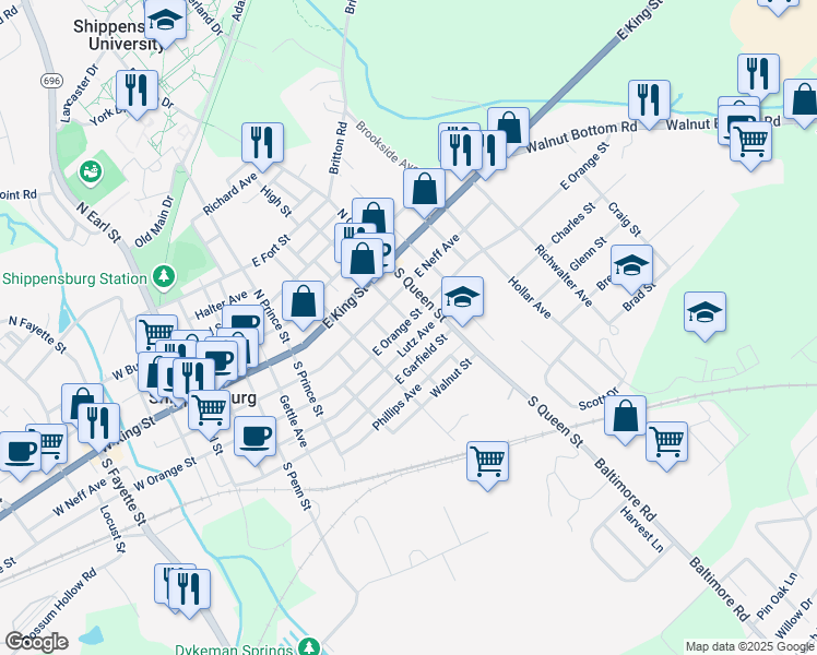 map of restaurants, bars, coffee shops, grocery stores, and more near 323 East Orange Street in Shippensburg