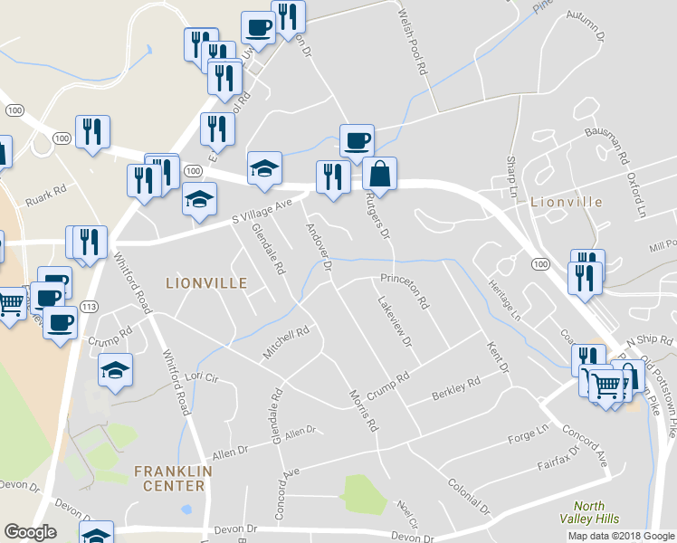 map of restaurants, bars, coffee shops, grocery stores, and more near 26 Andover Drive in Exton