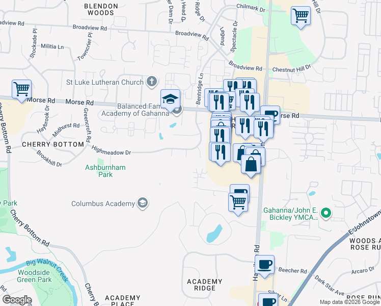 map of restaurants, bars, coffee shops, grocery stores, and more near 1299 Paddington Court in Gahanna