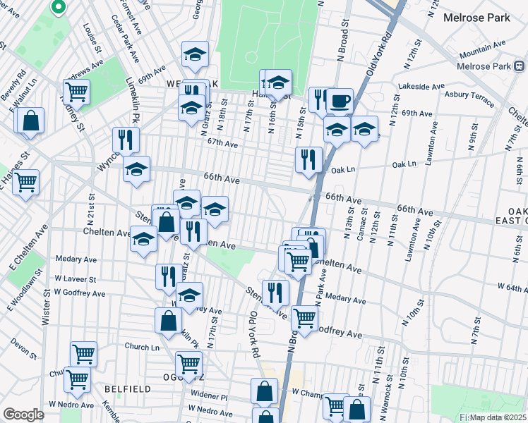 map of restaurants, bars, coffee shops, grocery stores, and more near 6509 N 16th St in Philadelphia