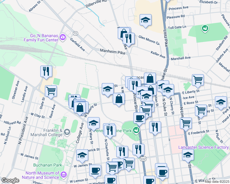 map of restaurants, bars, coffee shops, grocery stores, and more near 235 Jackson Street in Lancaster