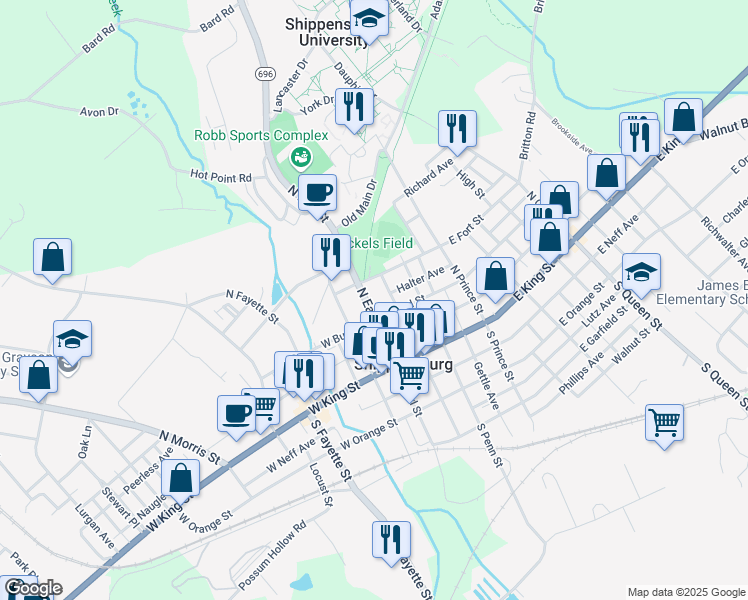 map of restaurants, bars, coffee shops, grocery stores, and more near 113 North Earl Street in Shippensburg