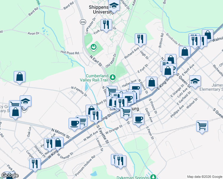 map of restaurants, bars, coffee shops, grocery stores, and more near 119 North Earl Street in Shippensburg