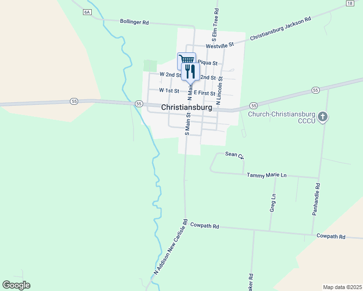 map of restaurants, bars, coffee shops, grocery stores, and more near 201 South Main Street in New Carlisle