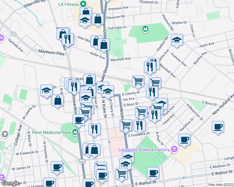 map of restaurants, bars, coffee shops, grocery stores, and more near 145 East Liberty Street in Lancaster