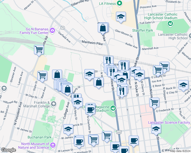 map of restaurants, bars, coffee shops, grocery stores, and more near 235 Jackson Street in Lancaster