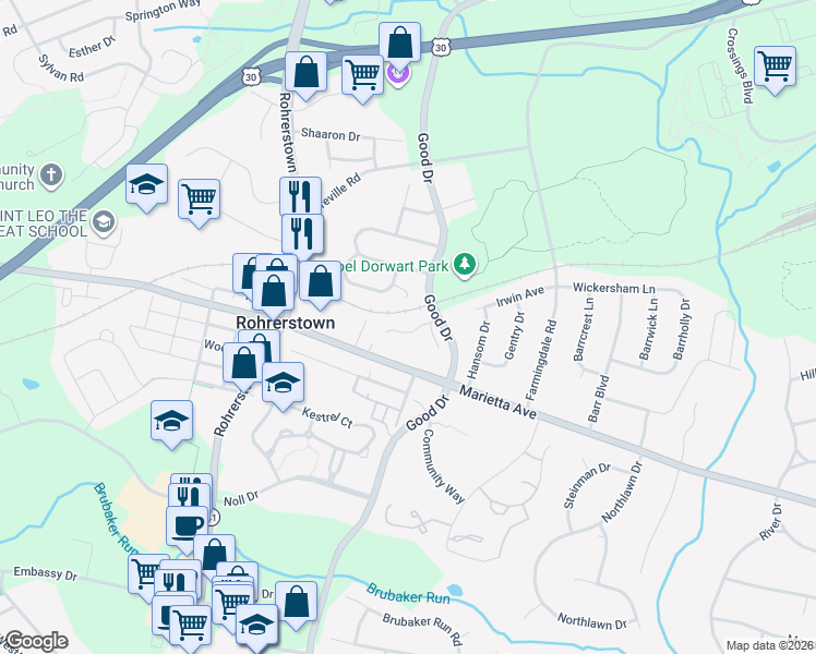 map of restaurants, bars, coffee shops, grocery stores, and more near 103 Springbrook Court in Lancaster