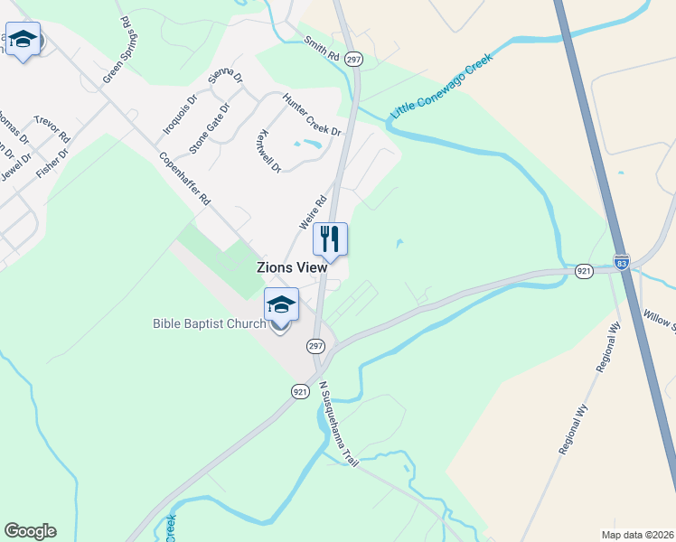 map of restaurants, bars, coffee shops, grocery stores, and more near 4255 North Susquehanna Trail in York