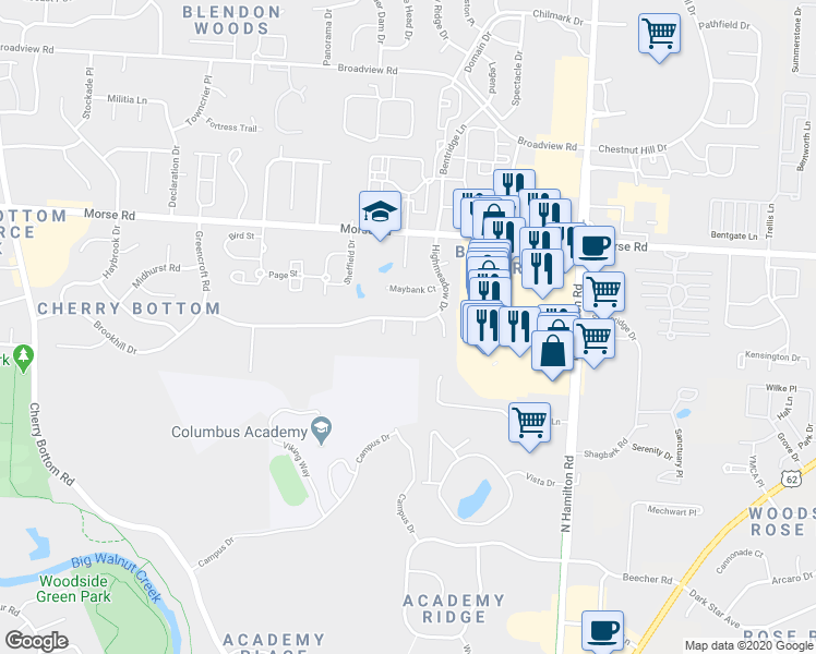 map of restaurants, bars, coffee shops, grocery stores, and more near 1299 Paddington Court in Gahanna