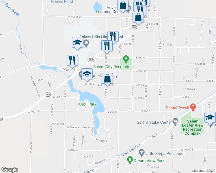 map of restaurants, bars, coffee shops, grocery stores, and more near 121 South Main Street in Salem