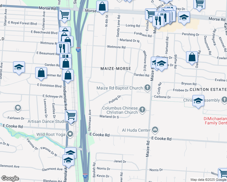 map of restaurants, bars, coffee shops, grocery stores, and more near 929 Meadowview Drive in Columbus