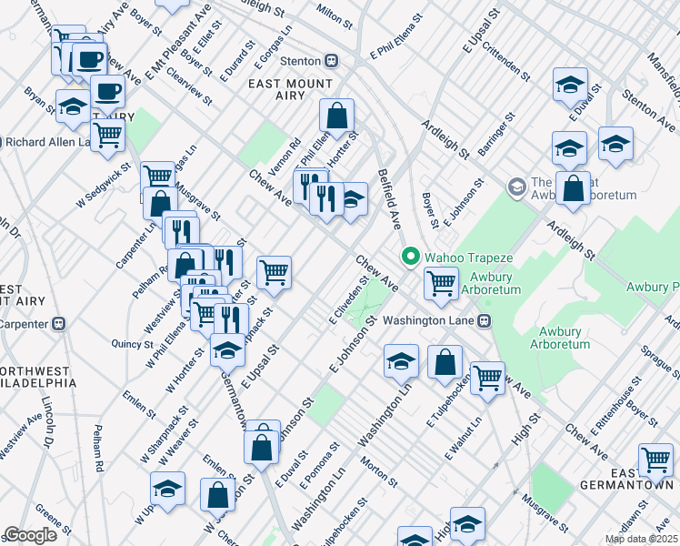 map of restaurants, bars, coffee shops, grocery stores, and more near 346 East Upsal Street in Philadelphia