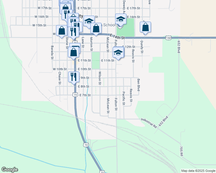 map of restaurants, bars, coffee shops, grocery stores, and more near 600 East 8th Street in Falls City