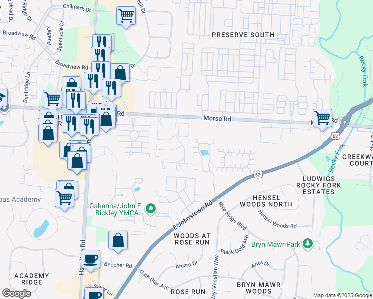 map of restaurants, bars, coffee shops, grocery stores, and more near 1390 Underwood Farms Boulevard in Gahanna