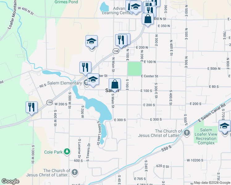 map of restaurants, bars, coffee shops, grocery stores, and more near 121 South Main Street in Salem