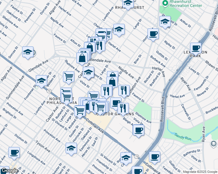 map of restaurants, bars, coffee shops, grocery stores, and more near 2136 Oakmont Street in Philadelphia
