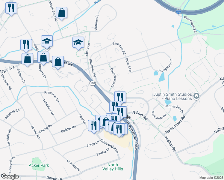 map of restaurants, bars, coffee shops, grocery stores, and more near 101 Lampeter Court in Exton