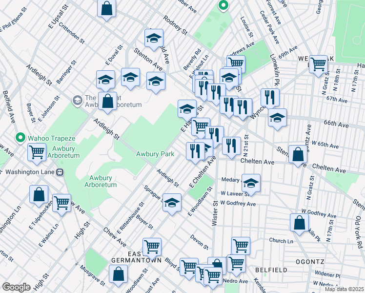 map of restaurants, bars, coffee shops, grocery stores, and more near 5840 Stockton Road in Philadelphia