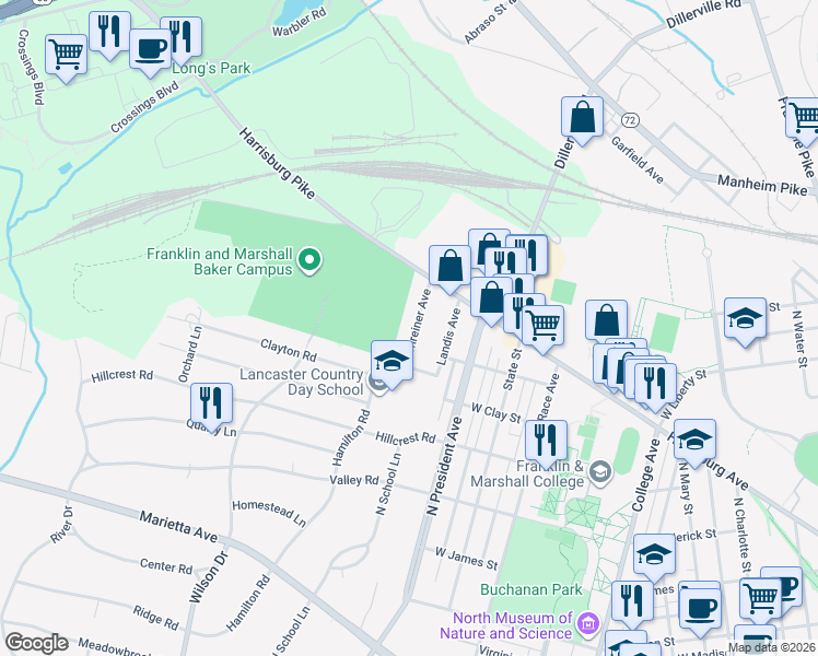 map of restaurants, bars, coffee shops, grocery stores, and more near 912 Shreiner Avenue in Lancaster
