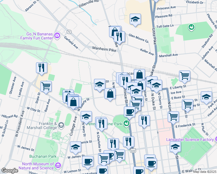 map of restaurants, bars, coffee shops, grocery stores, and more near 225 Jackson Street in Lancaster