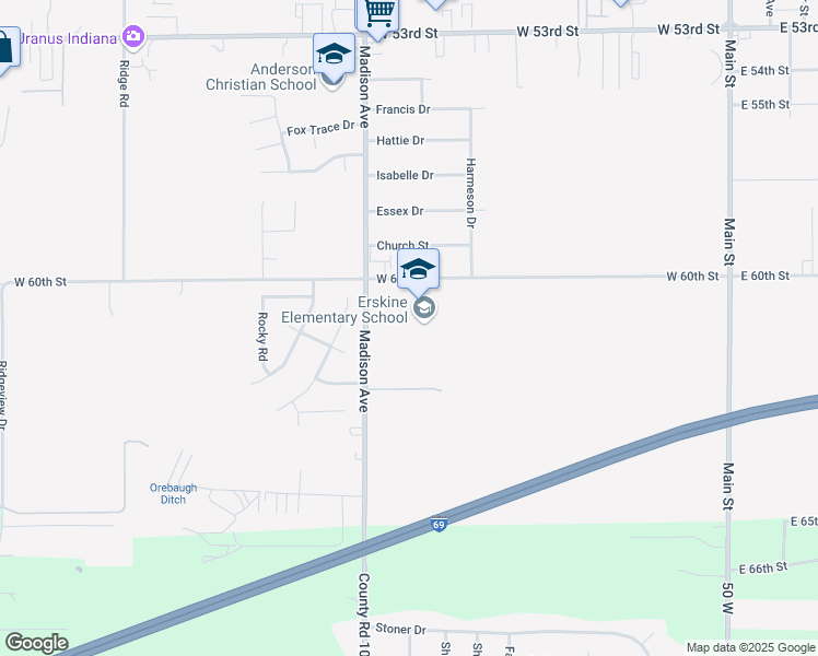 map of restaurants, bars, coffee shops, grocery stores, and more near 811 West 60th Street in Anderson