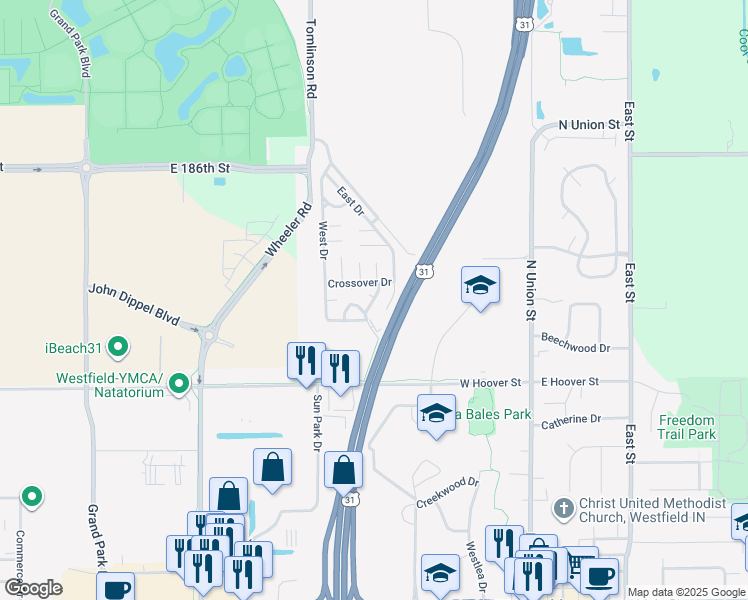 map of restaurants, bars, coffee shops, grocery stores, and more near North Glen Drive in Westfield