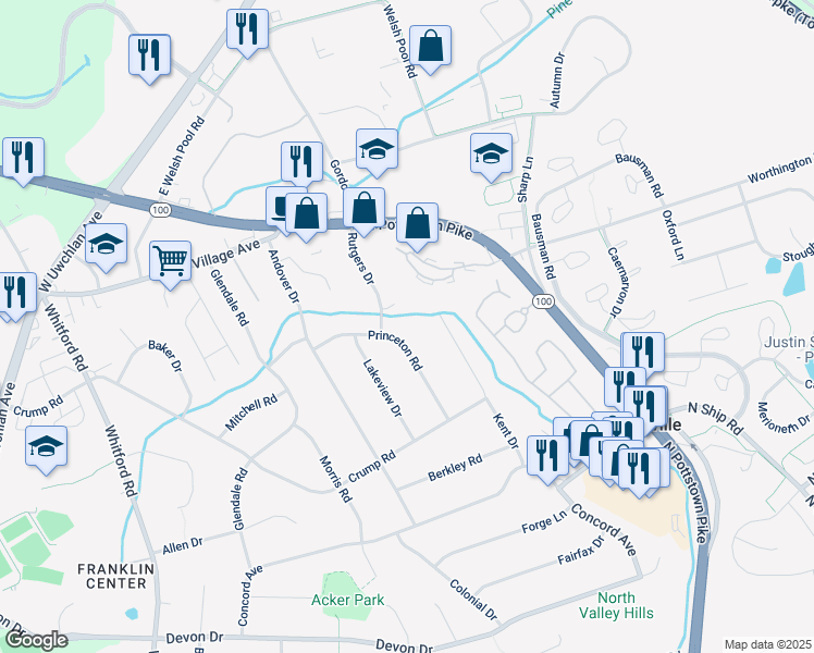 map of restaurants, bars, coffee shops, grocery stores, and more near 112 Princeton Rd in Exton