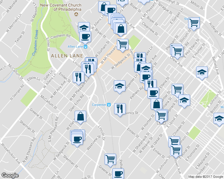 map of restaurants, bars, coffee shops, grocery stores, and more near 236 West Gorgas Lane in Philadelphia