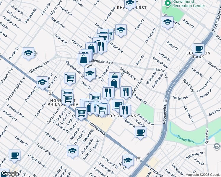map of restaurants, bars, coffee shops, grocery stores, and more near 2136 Oakmont Street in Philadelphia