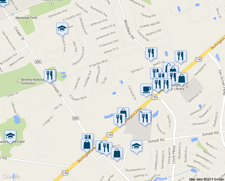 map of restaurants, bars, coffee shops, grocery stores, and more near 53 Forrestal Drive in Beverly