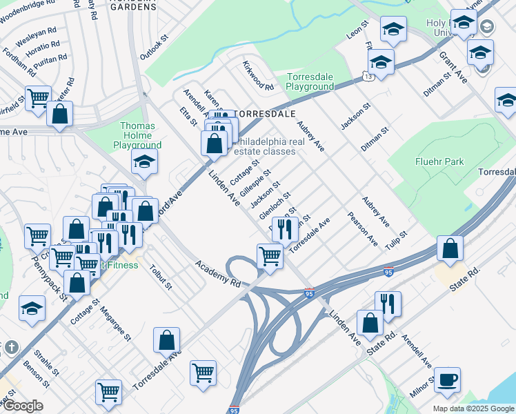 map of restaurants, bars, coffee shops, grocery stores, and more near 9215 Jackson Street in Philadelphia