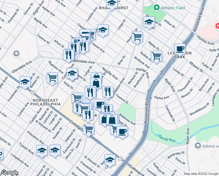 map of restaurants, bars, coffee shops, grocery stores, and more near 2233 Faunce Street in Philadelphia