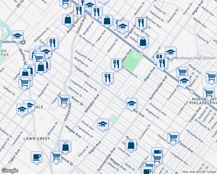 map of restaurants, bars, coffee shops, grocery stores, and more near 851 Tyson Avenue in Philadelphia