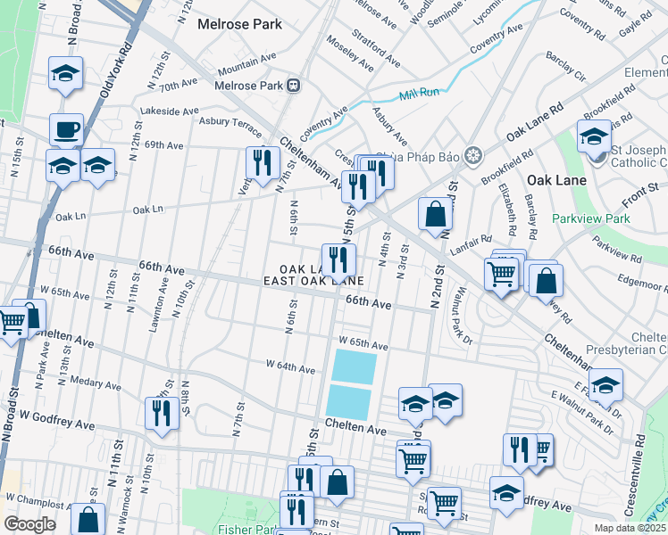 map of restaurants, bars, coffee shops, grocery stores, and more near 512 67th Avenue in Philadelphia