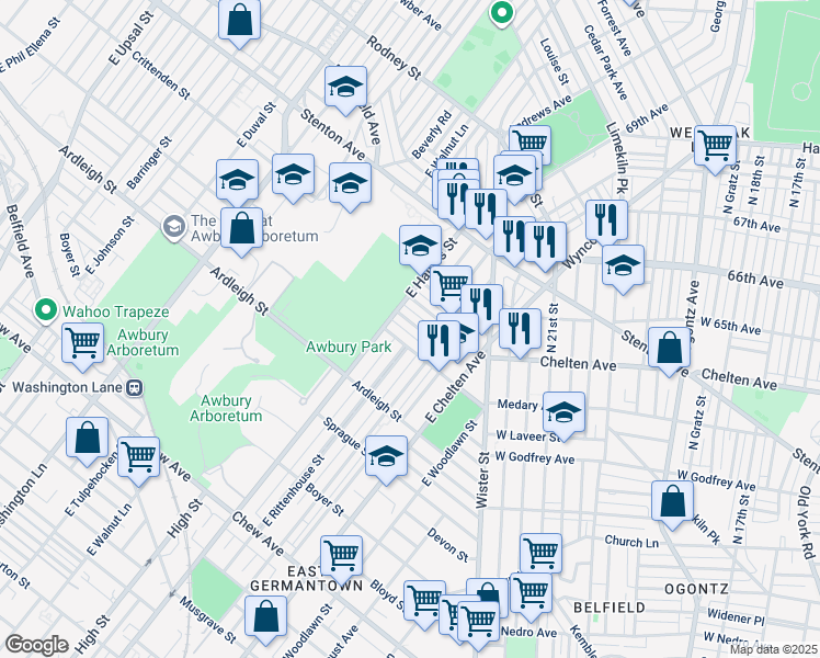 map of restaurants, bars, coffee shops, grocery stores, and more near 5840 Stockton Road in Philadelphia
