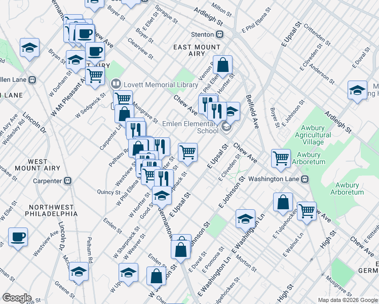 map of restaurants, bars, coffee shops, grocery stores, and more near 6634 Musgrave Street in Philadelphia