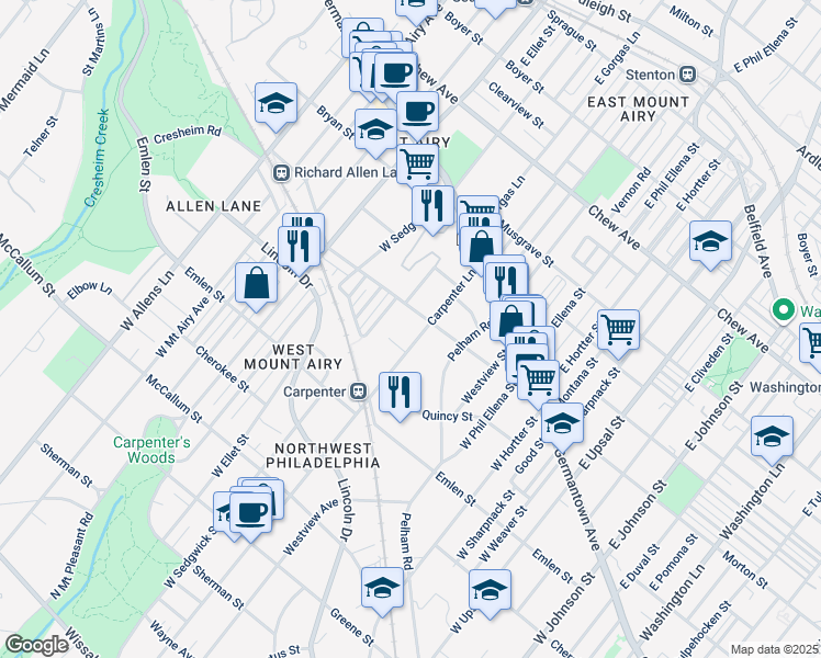 map of restaurants, bars, coffee shops, grocery stores, and more near 100 Carpenter Lane in Philadelphia
