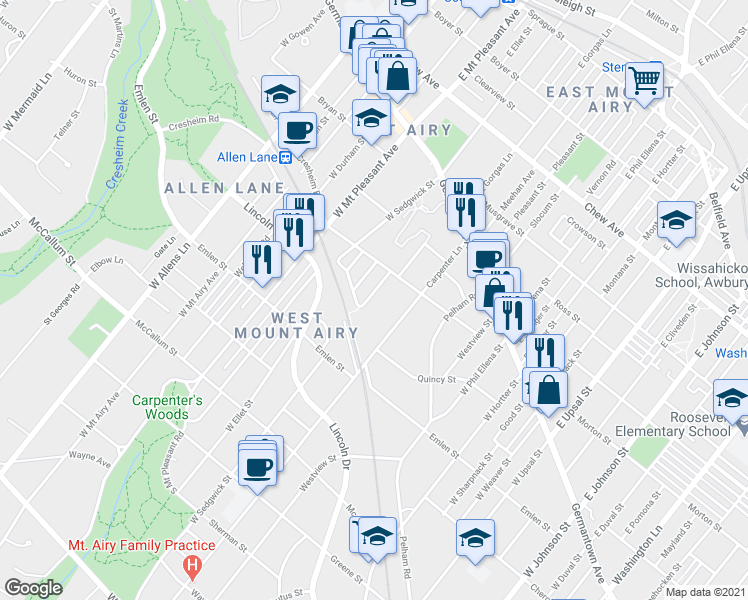 map of restaurants, bars, coffee shops, grocery stores, and more near 236 West Gorgas Lane in Philadelphia
