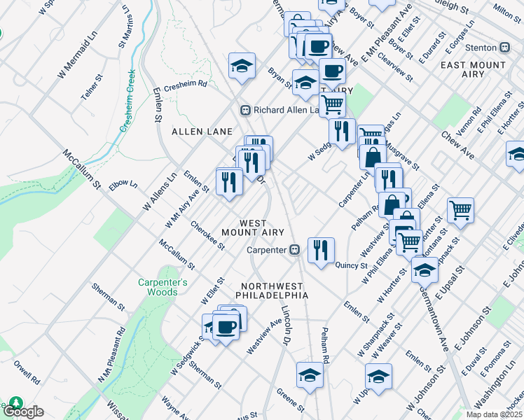 map of restaurants, bars, coffee shops, grocery stores, and more near 7042 Lincoln Drive in Philadelphia