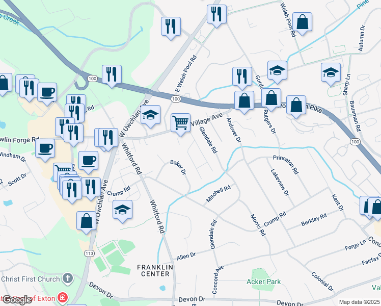 map of restaurants, bars, coffee shops, grocery stores, and more near 109 Village Walk in Exton