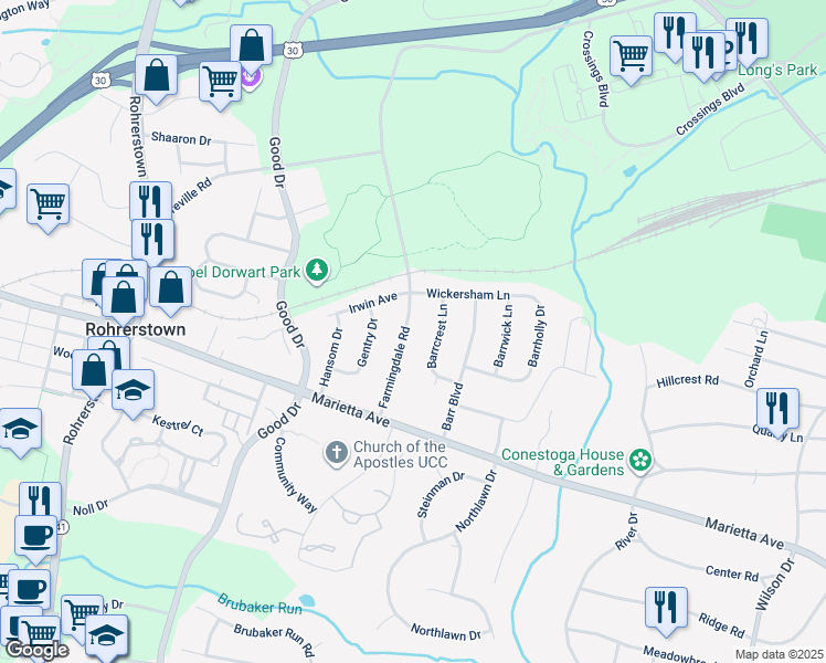 map of restaurants, bars, coffee shops, grocery stores, and more near 723 Farmingdale Road in Lancaster