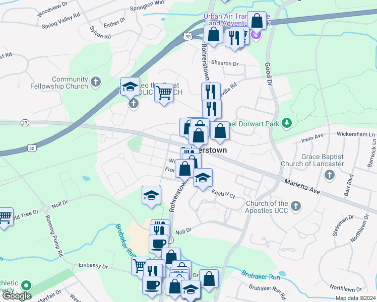 map of restaurants, bars, coffee shops, grocery stores, and more near 2224 Marietta Avenue in Lancaster