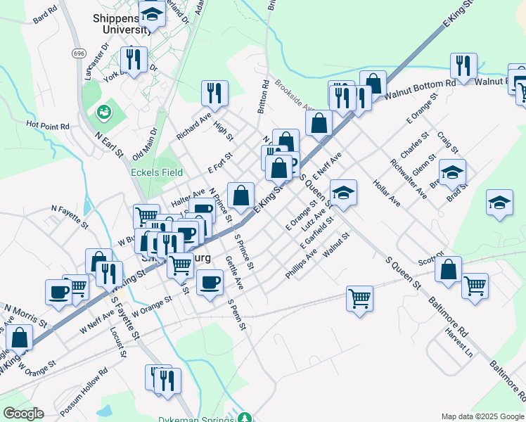 map of restaurants, bars, coffee shops, grocery stores, and more near 239 East King Street in Shippensburg