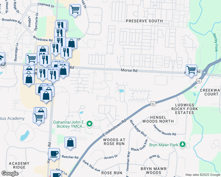 map of restaurants, bars, coffee shops, grocery stores, and more near 1390 Underwood Farms Boulevard in Gahanna