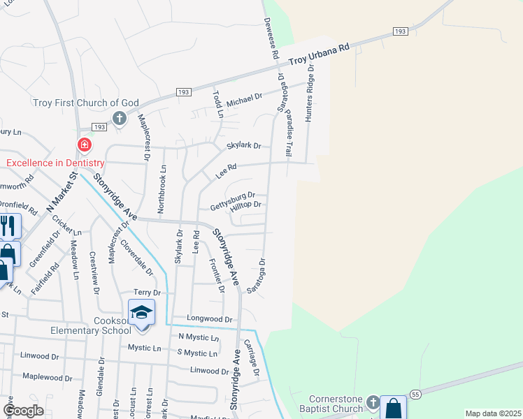 map of restaurants, bars, coffee shops, grocery stores, and more near 1275 Hilltop Drive in Troy