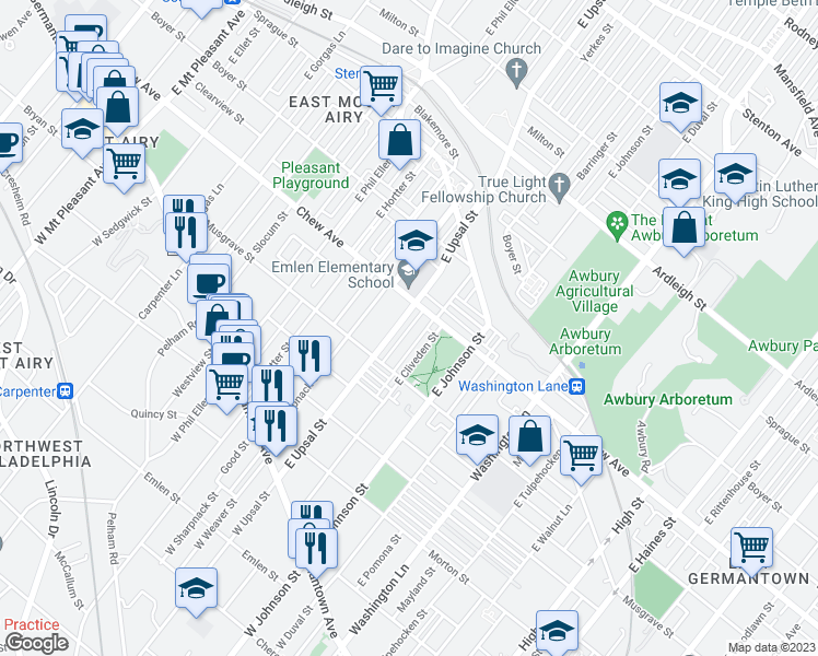 map of restaurants, bars, coffee shops, grocery stores, and more near 352 East Upsal Street in Philadelphia