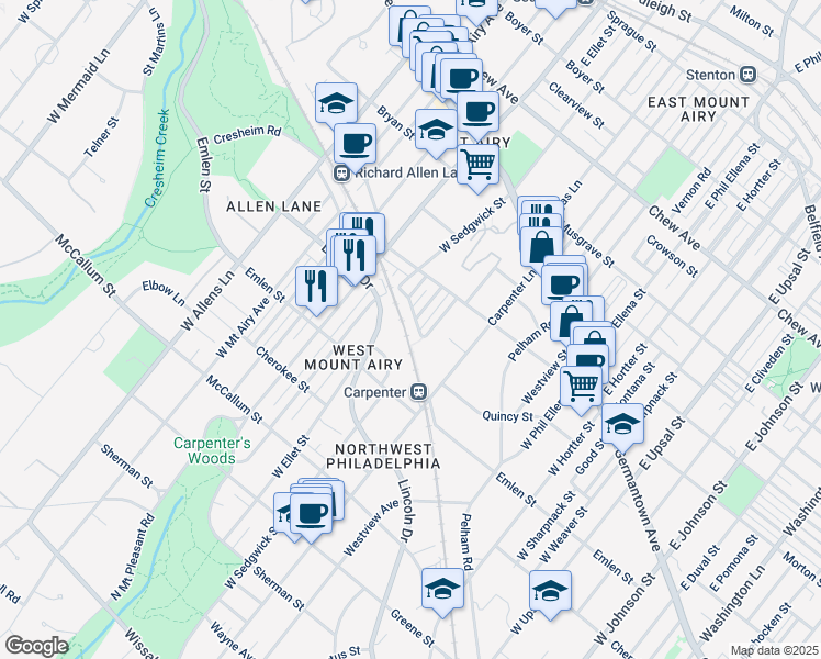 map of restaurants, bars, coffee shops, grocery stores, and more near 6948 Weatham Street in Philadelphia